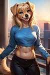 anthro black_nose blonde_hair blue_eyes female hair smile solo yellow_body shadowai_(director) bird_dog canid canine canis domestic_dog golden_retriever hunting_dog mammal retriever