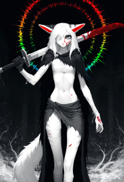 anthro bandage bandaged_arm bandaged_chest bandaged_leg blood blood_on_face bodily_fluids cape clothing female fur grey_eyes hair melee_weapon slim solo stripes sword sword_on_back weapon white_body white_fur white_hair seli-32 seli_(seli-32) felid feline hybrid mammal absurd_res hi_res