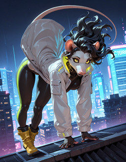 5_fingers anthro black_eyebrows black_hair black_lips boots bottomwear city clothing coat cybernetic_eye cybernetics cyberpunk eyebrows female fingers footwear hair latex_clothing lips machine neon_lights pants pink_nose raincoat rooftop solo solo_focus topwear white_face yellow_boots yellow_clothing yellow_eyes yellow_footwear yoga_pants bahufaru mammal marsupial phalangeriform hi_res