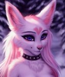 <3 absurd_res anthro blue_eyes breasts bust_portrait canid canine canis cleavage clothed clothing collar detailed eyebrows eyelashes female fur hair heart_(marking) hi_res kadoodlebob mammal minx_(kadoodlebob) multicolored_body multicolored_fur outside pink_body pink_fur portrait snow solo tuft two_tone_body two_tone_fur white_body white_fur wolf