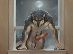 anthro ball_tuft balls bedroom_eyes big_balls big_penis bodily_fluids climbing crotch_tuft erection genital_fluids genitals knot leaking_precum light looking_at_viewer male moon moonlight muscular muscular_male narrowed_eyes night night_sky nude_male penis precum saggy_balls seductive solo tuft vein veiny_penis window sysns canid canine canis mammal wolf