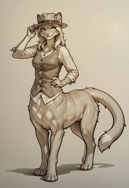 4_toes 5_fingers artois_posting_service bottomless breasts clothed clothing comfyui_(software) darkvaesdxl_whodimmedthelight_(vae) digitigrade fedora feet female fingers fur hair hand_on_hip hat headgear headwear inner_ear_fluff looking_at_viewer myslrvae_v10_(vae) nai-diffusion-furry-3_(model) novafurryxl_(model) ponystandardvae_v10_(vae) quadruped realesrgan_x4plus_(upscaler) shirt simple_background smile solo standing tail toes topwear tuft vest crashbandit cougar felid felid_taur feline mammal mammal_taur taur digital_media_(artwork) hi_res monochrome prompt_metainfo