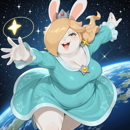 anthro blonde_hair blue_eyes blush breasts cleavage clothed clothing crown dress ear_piercing ear_ring eyelashes female hair looking_at_viewer midair narrowed_eyes obese open_mouth overweight overweight_female piercing planet rabbit_ears ring_piercing smile solo space sparkles spread_arms star white_body puffy_peter mario_bros nintendo rabbid_rosalina lagomorph leporid mammal rabbit hi_res