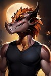 2023 anthro black_clothing black_shirt black_topwear brown_body brown_scales clothed clothing colored countershading dragon horn jasonafex kane_(jasonafex) male orange_body orange_countershading red_eyes scales scalie seductive shirt solo teeth topwear