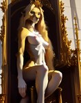 anthro blonde_hair chair crown dominant_pose felid female fur furniture hair hughte lion looking_at_viewer mammal mane nipples pantherine pink_nipples pinup pose queen royalty sitting solo throne yellow_body yellow_fur