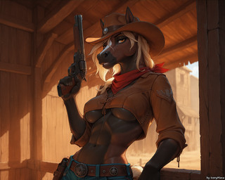abs anthro belt blonde_hair bottomwear breasts brown_body brown_fur clothing cowboy_hat denim denim_clothing female fur gun hair hat headgear headwear holding_gun holding_object holding_weapon jeans long_hair medium_breasts neckerchief orange_eyes pants ranged_weapon shirt slim solo topwear under_boob weapon wild_west_theme ivorymane equid equine horse mammal watermark
