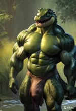 anthro bottomwear bulge clothing genital_outline green_body green_scales loincloth male muscular penis_outline scales smile solo swamp teeth walking joachim58 crocodile crocodilian crocodylid reptile scalie invalid_tag animated hi_res webm