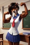 anthro biceps black_hair bottomwear brown_eyes chalkboard classroom clothing dark_brown_fur female flexing_biceps fur hair multicolored_body multicolored_fur muscular muscular_anthro muscular_female round_ears school school_bag school_uniform skirt solo teenager two_tone_body two_tone_fur uniform young young_female hellapoc deni lutrine mammal mustelid