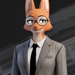 anthro black_background clothing eyewear female frosting.ai glasses necktie pink_nose round_glasses simple_background smile solo suit white_dress_shirt renz diane_foxington canid canine fox mammal cel_shading hi_res shaded