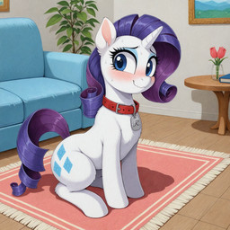 blue_eyes blush bodily_fluids book carpet collar collar_tag crouching eyeshadow female feral framed_picture fur furniture horn inside living_room looking_aside makeup plant smile sofa solo sweat table tulip_(flower) wavy_mouth white_body white_fur tyto4tme4l friendship_is_magic my_little_pony rarity_(mlp) equid equine horse mammal pony unicorn hi_res