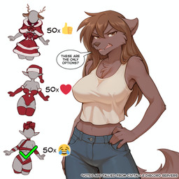 <3 angry anthro armwear big_breasts blue_bottomwear blue_clothing blue_jeans blue_pants bottomwear breasts brown_body brown_eyes brown_fur brown_hair butt chest_tuft christmas christmas_clothing christmas_headwear cleavage clothed clothing denim denim_clothing dialogue elbow_gloves female fingers fully_clothed fur gloves hair hand_on_hip handwear hat headgear headwear holidays humanoid_pointy_ears jeans legwear long_hair looking_at_viewer midriff navel nipple_outline open_mouth pants plant pose red_clothing ribbons santa_hat shirt simple_background solo speech_bubble standing tan_body tan_fur tank_top text topwear tuft white_background white_clothing white_shirt white_topwear anontk twokinds natani canid canine canis humanoid mammal english_text hi_res