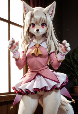 anthro bottomless clothed clothing dress female genitals looking_at_viewer magical_girl_outfit pussy solo standing denis0k canid canine canis mammal wolf hi_res