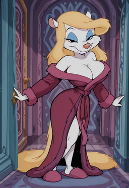 anthro bathrobe big_breasts blonde_hair breasts clothed clothing curvy_figure female fur hair huge_breasts inside looking_at_viewer narrowed_eyes pink_nose robe slippers smile smug smug_face solo white_body white_fur boxen549 animaniacs minerva_mink mammal mink mustelid musteline true_musteline hi_res