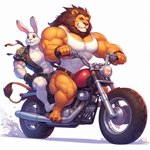 abs anthro clothed clothing duo felid jacket lagomorph leporid lion male male/male mammal motorcycle muscular open_clothing open_shirt open_topwear pantherine rabbit shirt simple_background tank_top topwear vehicle zidanes123