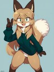 anthro big_tail clothing female flat_chested front_view genitals green_clothing green_eyes hair long_hair open_mouth pussy raised_tail simple_background smile solo solo_focus spread_legs spreading sweater topwear henriqueplytz averi_(fiddleafox) canid canine fox mammal absurd_res hi_res