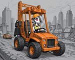 anthro armor building city clothing construction_worker detailed_background female hard_hat headgear helmet outside road solo vehicle anonymous_director helluva_boss loona_(helluva_boss) canid canid_demon canine demon hellhound mammal