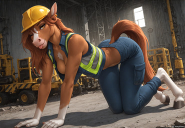 all_fours anthro armor blep bottomwear breasts clothed clothing construction_site construction_worker denim denim_clothing female hair hard_hat headgear helmet long_hair looking_at_viewer one_eye_closed pants shirt smile solo tongue tongue_out topwear tuft vest wink ivorymane equid equine horse mammal watermark