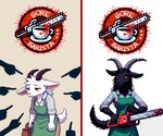 apron black_body black_fur black_hair blood bodily_fluids breasts chainsaw clothed clothing container cup duo female fur gesture green_apron green_clothing group hair holding_object horn male pointing power_tool red_eyes shirt simple_background tail text tools topwear white_body white_fur unknown_director bovid caprine caprine_demon demon goat goat_demon mammal digital_media_(artwork) pixel_(artwork)