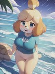 animal_crossing anthro beach blue_clothing blue_shirt blue_topwear blush bottomless breasts canid clothed clothing female fist genitals hi_res high-angle_view isabelle_(animal_crossing) mammal medium_breasts pussy sea seaside shirt shy sklimaa sky slightly_chubby solo standing star starry_sky t-shirt topwear water