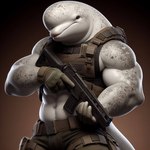 anthro armor bottomwear clothing dall-e_3 freckles gloves gun handwear holding_object holding_weapon looking_at_viewer male muscular pants ranged_weapon rifle simple_background solo topwear vest weapon white_body eclipsetheorca beluga cetacean delphinoid mammal marine monodontid toothed_whale