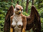 anthro beak breasts brown_body brown_eyes brown_fur chest_tuft feathers female forest front_view fur looking_at_viewer nipples nude outdoor_nudity outdoors plant realistic realistic_fur realistic_wings solo tree tuft two-tone_body white_body white_fur wings jelloponies avian gryphon mythological_avian half-length_portrait hi_res portrait