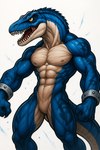 abs after_transformation anthro athletic athletic_anthro athletic_male biceps claws cuff_(restraint) cuff_bracelet forced growth laboratory male muscle_growth muscular muscular_anthro muscular_male mutation navel nipples nude open_mouth pecs restrained restraints solo standing tail teeth test_subject transformation yellow_eyes birdovo dinosaur dromaeosaurid hybrid reptile scalie theropod velociraptor hi_res
