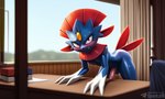 anthro balls biped blue_body blush bodily_fluids claws detailed_background erection foreskin furniture genitals humanoid_genitalia humanoid_penis inside looking_at_viewer male nipples nude penis red_eyes solo sweat teeth text sergalbutt nintendo pokemon generation_4_pokemon pokemon_(species) weavile 5:3 signature url