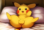 animal_genitalia anus bed blush butt ears_up feet fully_sheathed fur furniture genitals gesture happy looking_at_viewer lying_on_back male on_bed open_mouth pillow presenting presenting_anus presenting_balls presenting_hindquarters sheath soles solo spread_legs spreading tuft waving waving_at_viewer waving_hand yellow_body yellow_fur jomisa nintendo pokemon generation_1_pokemon pikachu pokemon_(species)