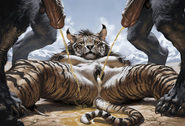 after_sex anthro bodily_fluids cum cum_in_pussy cum_inside female genital_fluids genitals group male male/female peeing penis pissing pussy trio urine watersports hyperion felid mammal pantherine tiger unknown_species