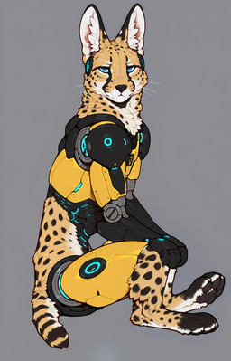 4_toes 5_fingers ambiguous_gender anthro black_pawpads black_paws blue_eyes blue_light countershading cybernetic_arm cybernetic_eye cybernetic_leg cybernetic_limb cybernetic_torso cybernetics feet fingers fur grey_background hands_on_knees hands_on_legs looking_at_viewer machine metallic_body pawpads semi-anthro serious side_view simple_background sitting solo tail toes whiskers yellow_body yellow_fur drla mascot_2025 cyborg felid feline mammal serval absurd_res full-length_portrait hi_res portrait