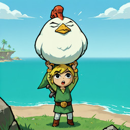 blonde_hair duo feral hair holding_another island looking_up male melee_weapon not_furry silly sword weapon mirakelpung nintendo the_legend_of_zelda link avian bird chicken cucco galliform gallus_(genus) human mammal phasianid