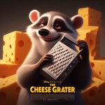 1:1 anthro black_nose cheese cheese_grater colored dairy_products disney english_text food fur grey_body grey_fur holding_object humor male mammal meme movie_poster novemberdelta1024 orange_eyes procyonid raccoon smile smug solo text toothy_grin whiskers