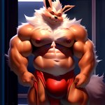 abs anthro big_bulge big_muscles big_pecs black_nose bulge chest_tuft curiousoxide eeveelution flareon fluffy fluffy_tail fur generation_1_pokemon hair hi_res huge_bulge huge_muscles male mostly_nude muscular muscular_anthro muscular_male navel neck_tuft nipples open_mouth orange_body orange_fur pecs pink_nipples pokemon_(species) solo tuft white_hair