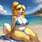 accessory anotherarcticfox anthro beach bell belly big_breasts breasts canid canine canis domestic_dog female headband isabelle_(animal_crossing) mammal navel neck_tuft overweight overweight_female seaside sitting slightly_chubby solo tuft