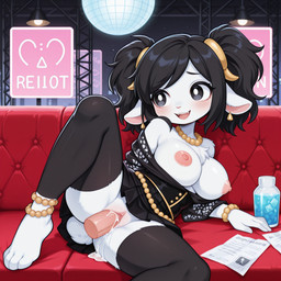 animal_ears anklet anthro bare_shoulders barefoot bead_necklace beads black_bottomwear black_clothing black_dress black_eyes black_hair black_leggings black_legwear black_skirt black_thighhighs blush bodily_fluids body_fur bottle bottomwear bracelet breasts clitoris clothed clothing cum cum_drip disembodied_penis dress dripping duo ear_piercing ear_ring exposed_breasts faceless_character faceless_male feet female fur furniture gem genital_fluids genitals goat_ears hair inside interspecies jewelry large_breasts leggings legwear looking_to_the_side lying male male/female necklace nipples no_bra off_shoulder on_side on_sofa open_mouth paper pearl_(gem) pearl_necklace penis piercing pupils pussy ring_piercing sex sitting skirt smile sofa solo_focus spread_legs spreading tail teeth thigh_highs tied_hair upper_teeth upper_teeth_only vaginal white_body white_fur white_pupils kraakai bovid caprine goat mammal hi_res