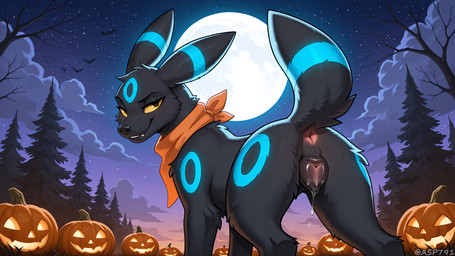 animal_genitalia animal_pussy anus bedroom_eyes black_body black_fur bodily_fluids butt canine_genitalia canine_pussy canine_teeth female feral full_moon fur genital_fluids genitals jack-o'-lantern looking_at_viewer looking_back moon narrowed_eyes night outside presenting presenting_anus presenting_hindquarters presenting_pussy pussy raised_tail rear_view scarf seductive smile smirk smirking_at_viewer solo tuft asp791_(director) nintendo pokemon canid canine canis eeveelution generation_2_pokemon mammal pokemon_(species) umbreon absurd_res hi_res signature watermark