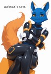 anthro blue_body blue_eyes blue_fur clothing female fur looking_at_viewer mascot orange_sclera orange_tail simple_background sitting smile solo white_background leyendas_arts esix hi_res