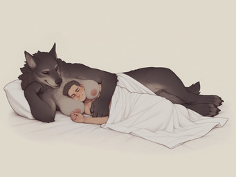 4_toes 5_fingers anthro areola arm_support arm_tuft bed bed_sheet bedding big_breasts black_body black_claws black_fur black_nose black_pawpads breasts brown_hair canine_nose chest_tuft claws digitigrade duo embrace eyes_closed feet female finger_claws fingernails fingers from_behind_position fur furniture grey_body grey_fur hair hand_on_another's_arm hand_on_another's_breast hand_on_another's_chest head_between_breasts head_tuft hug hugging_from_behind human_hands human_on_anthro inner_ear_fluff interspecies larger_anthro larger_female leaning_on_elbow leg_tuft lying lying_on_bed lying_on_side male male/female multicolored_body multicolored_fur nails neck_tuft nipple_dip nipples nude nude_female nude_male on_bed on_side pawpads pillow pink_areola pink_nipples pivoted_ears sex size_difference sleeping smaller_human smaller_male smile spoon_position spooning tail toe_claws toes tuft two_tone_body two_tone_fur knotanotherfurry canid canine human mammal werecanid werecanine werecreature werewolf 2025 hi_res