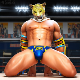 5_toes abs animal_mask biceps bodily_fluids bulge clothed clothing feet fighting_ring for_a_head fur green_eyes humanoid_feet kneeling looking_at_viewer male male_humanoid mask muscular muscular_humanoid muscular_male navel nipples pecs solo sweat teeth telegram telegram_logo text toes topless underwear whiskers wrestler sergalbutt tekken king_(tekken) animal_head animal_humanoid felid humanoid jaguar mammal pantherine 1:1 director_name signature url