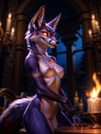 anthro black_body breasts canid canine cattorihanzo female fox fur genitals glowing glowing_eyes hair hi_res mammal nipples nude pose purple_body purple_fur pussy seductive solo stable_diffusion white_hair