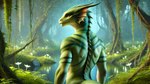 anthro dall-e_3 frill_(anatomy) green_body green_markings green_scales horn male markings nature orange_eyes rear_view scales solo spines swamp floofymoff lizard reptile scalie 16:9 4k absurd_res hi_res wallpaper widescreen