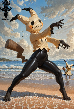 anthro beach black_body black_clothing black_fur black_leggings black_legwear clothing female fur leggings legwear mountains sea seaside shirt sky solo standing topwear water wooden_tail yellow_clothing yellow_shirt yellow_topwear bahufaru nintendo pokemon generation_7_pokemon mimikyu pokemon_(species) hi_res