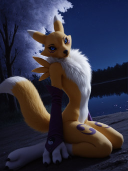 ambiguous_gender animal_ear_fluff animal_ears anthro arm_support armwear blue_eyes body_fur cherry_blossom cherry_blossom_tree cherry_tree claws clothing colored_sclera cute_fangs detached_sleeves facial_markings female fox_ears fruit_tree fur head_markings high-angle_view leg_tattoo looking_up markings mouth_closed multicolored_body multicolored_fur navel neck_tuft nude outside paws photorealism plant realistic realistic_fur realistic_lighting sitting sitting_on_rock smile snout solo tail tattoo tree tuft two_tone_body two_tone_fur white_body white_fur yellow_body yellow_fur knotty_sergal digimon digimon_(species) renamon 2025 hi_res