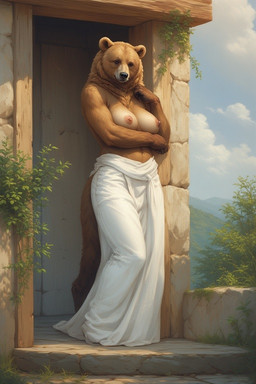 anthro breasts clothed clothing female mr_nomnom2 partially_clothed solo topless topless_female mammal ursid
