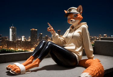 anthro bottomwear building city city_background cityscape claws clothed clothing detailed_background dipstick_tail feet female footwear fur glistening glistening_clothing hat headgear headwear hoodie latex latex_clothing leather leather_bottomwear leather_clothing leather_pants looking_at_viewer markings night one_eye_closed orange_body orange_fur outside pants sandals shoes sitting skyscraper smile solo tail tail_markings topwear whiskers wink crashbandit canid canine fox mammal comfyui_(software) digital_media_(artwork) nai-diffusion-4-full_(model) plantmilkmodelsuite_(model) prompt_metainfo