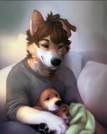 anthro bedding blanket canid canine canis coasie cub domestic_dog furniture happy hi_res hugging inside living male mammal parenting sofa young