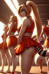 anthro blonde_hair bottomwear butt cheerleader cheerleader_outfit clothed clothing detailed_background doc_(director) felid female fur green_eyes group hair light lighting looking_at_viewer mammal miniskirt no_underwear pantherine ponytail portrait school_uniform seductive shaded skirt smile smirk soft_shading solo_focus standing stripes three-quarter_portrait tiger uniform white_body white_fur