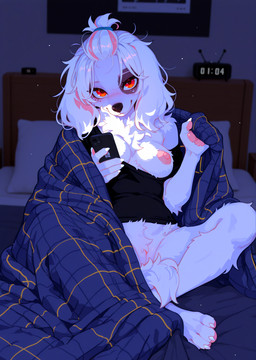 anthro bed black_nose breasts cellphone claws clothing crotch_tuft eye_spots female flashing fur furniture genitals hair highlights_(coloring) holding_cellphone holding_object holding_phone holding_smartphone long_ears medium_breasts neck_tuft nipples on_bed orange_eyes pawpads phone pink_highlights pink_pawpads pussy pussy_peek short_tail smartphone smile solo tuft under_covers wardrobe_malfunction white_body white_claws white_fur white_hair koyo canid canine mammal hi_res