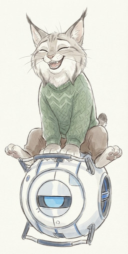 anthro duo machine portal_(series) valve_corporation nekomatasaren disney zootopia pawbert_lynxley wheatley felid feline lynx mammal robot hi_res