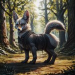 ambiguous_gender blp canid canine clothed clothed_feral clothing fennec feral forest fox fur goth grey_body grey_fur hi_res jewelry looking_at_viewer mammal necklace orange_eyes plant raised_tail side_view solo standing tan_body tan_fur tree